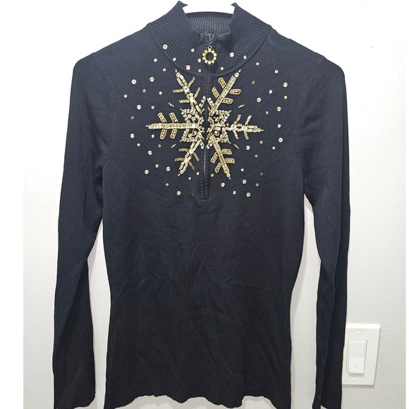 Boston Proper Women's M Black Ribbed Snowflake Sequin Embellished Mock Neck Top - Picture 1 of 6